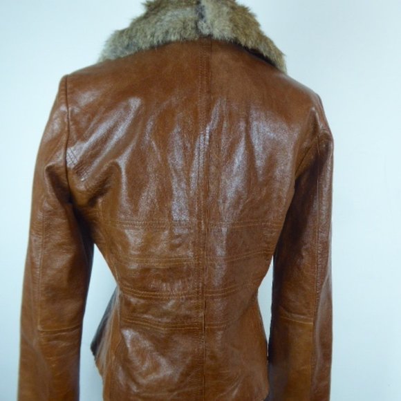ARDEN B LEATHER brown blazer JACKET removable rabbit fur collar M fitted - Picture 9 of 12